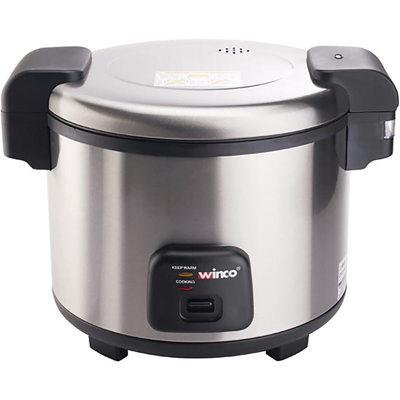Winco RC-S301 advanced electric 60 cup rice cooker and warmer, stainless steel body with black handles, front view