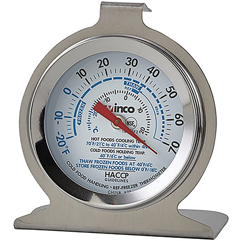 Winco stainless steel refrigerator/freezer dial thermometer with blue Celsius scale on a stand base, first size