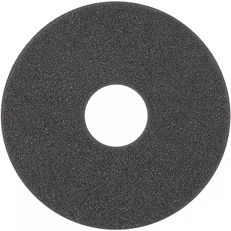Winco replacement sponge for glass rimmer, round dark grey foam disc with centre hole, top view