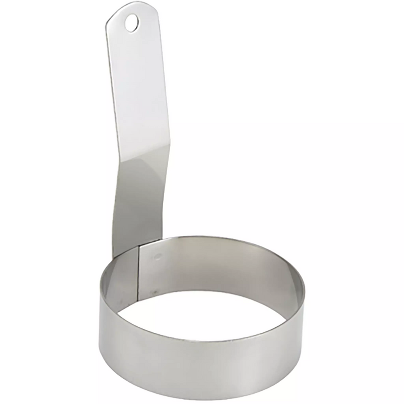 Winco round stainless steel egg ring with tall flat handle and hanging hole, smallest size option shown