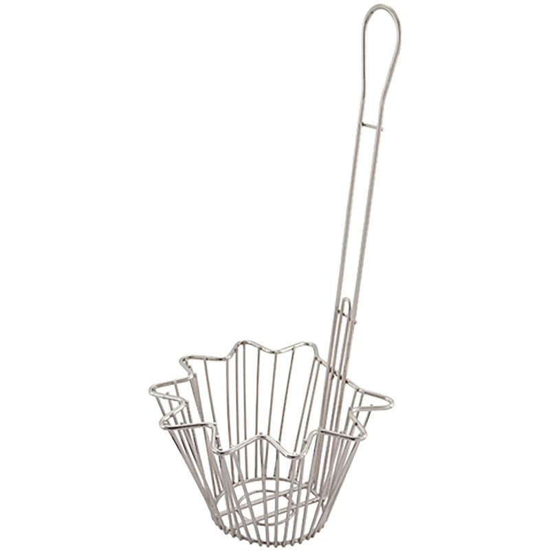 Winco round taco salad bowl fry basket, stainless wire basket that shapes tortilla bowls, with long handle