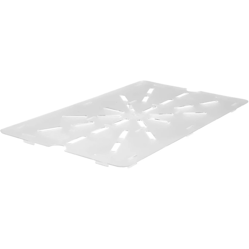 Winco SP Series polycarbonate drain shelf, translucent white with drainage holes, full length size option