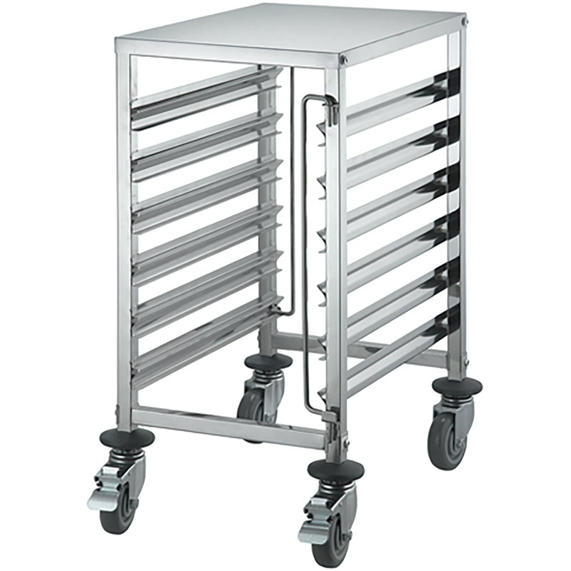 Winco SRK-12 stainless steel 12-tier steam table pan and food pan rack with solid top and casters, angled view