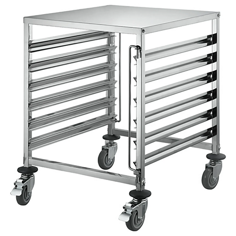 Winco SRK-12D double side-load stainless steel 12-tier steam table pan rack on casters, empty, angled view