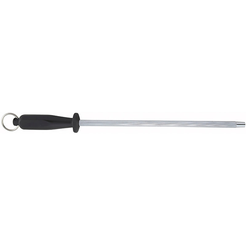 Winco sharpening steel with black handle, hand guard and hanging ring, full length side view