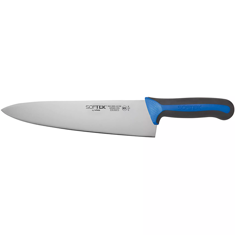 Winco Sof-Tek 10 inch wide chef's knife with a broad stainless steel blade and blue and black soft grip handle