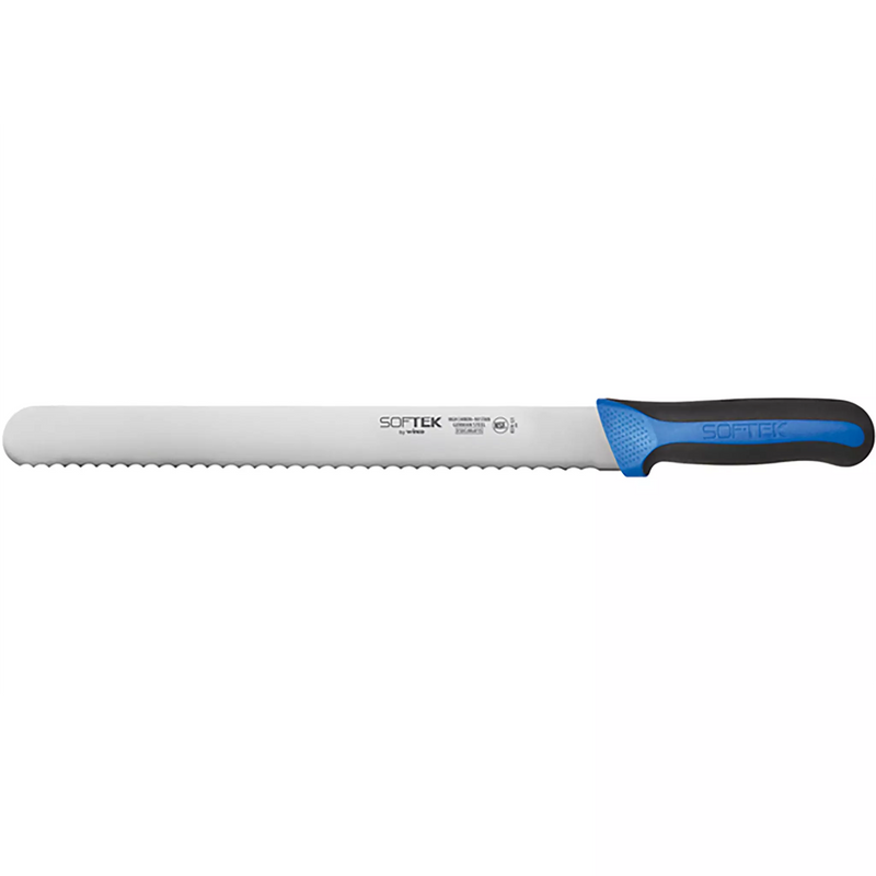 Winco Sof-Tek 12 inch wavy edge slicer knife with serrated stainless steel blade and blue and black soft grip handle
