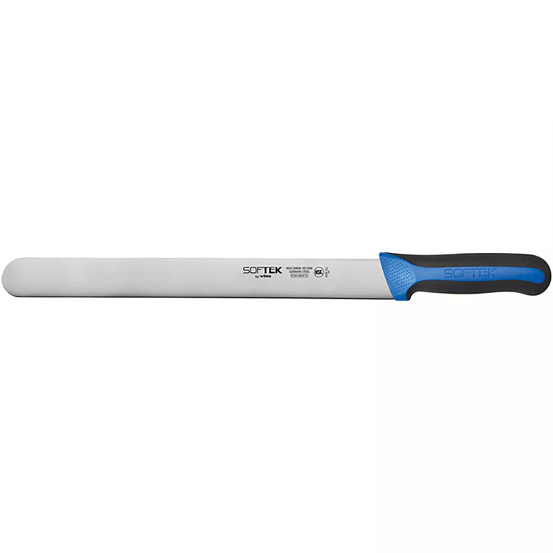 Winco Sof-Tek 12 inch slicer knife with a straight-edge stainless steel blade and blue and black soft grip handle