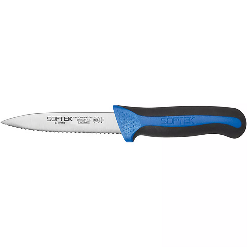 Winco Sof-Tek 3 1/2 inch serrated paring knife, stainless steel blade with blue and black soft grip handle