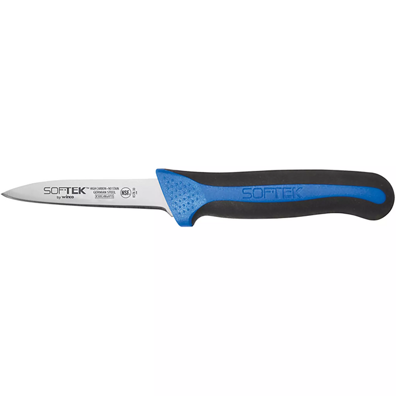 Winco Sof-Tek 3 1/4 inch paring knife, straight-edge stainless steel blade with blue and black soft grip handle