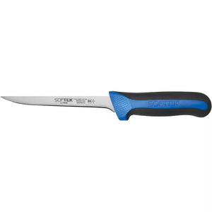 Winco Sof-Tek 6 inch narrow boning knife with a slim stainless steel blade and blue and black soft grip handle