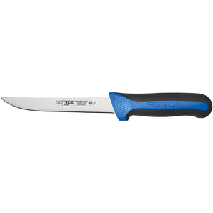Winco Sof-Tek 6-inch wide boning knife, stainless steel blade with black and blue soft-grip handle, side view