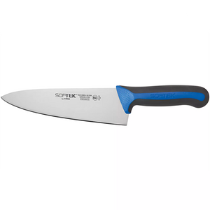 Winco Sof-Tek 8 inch wide chef's knife with a broad stainless steel blade and blue and black soft grip handle