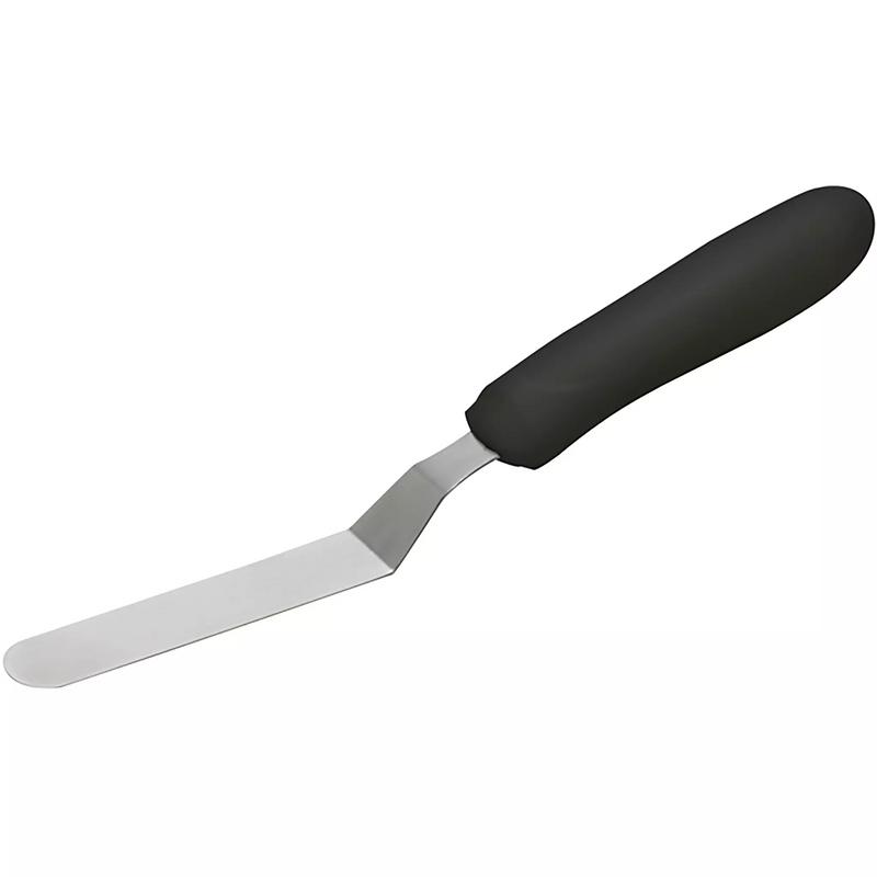 Winco stainless steel spatula with offset, rounded tip and black handle, shortest blade size, angled view