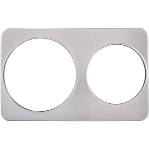 Winco stainless steel adapter plate for soup inserts with two large round openings, flat rectangular top view