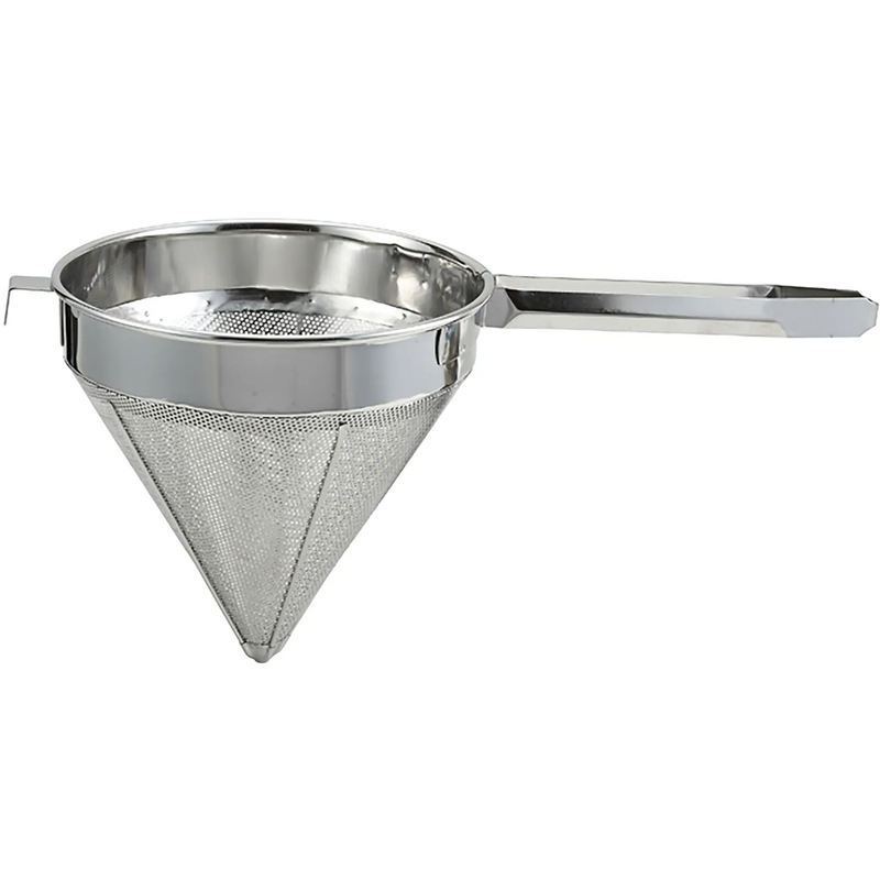 Winco stainless steel China cap strainer with fine mesh cone, reinforcing bands and long flat steel handle