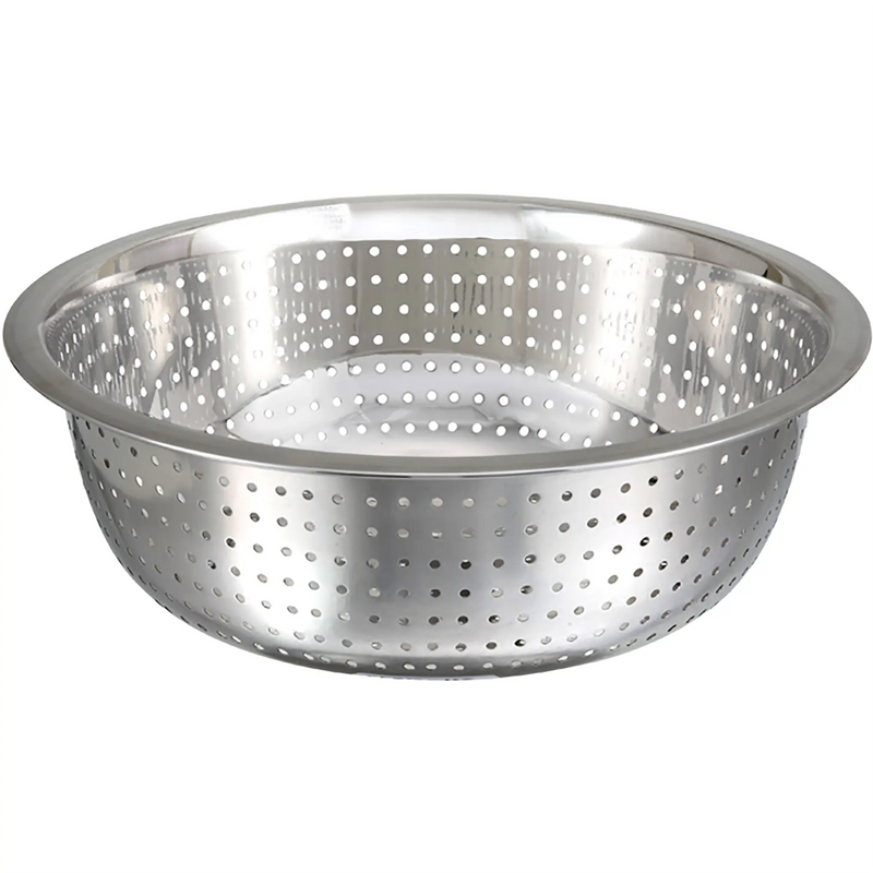 Winco stainless steel Chinese style colander, round deep perforated bowl with rolled rim, angled view