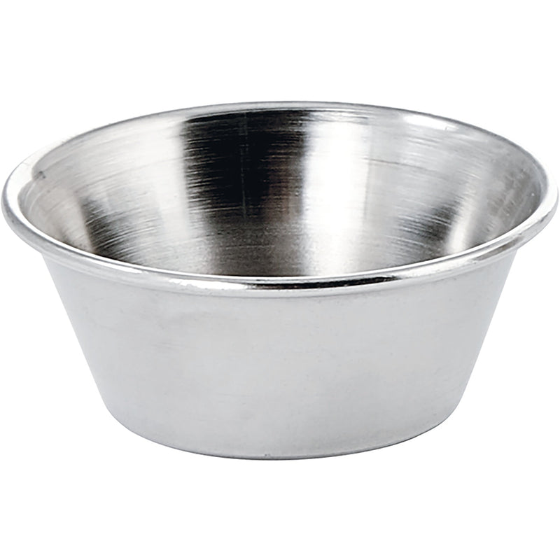 Winco stainless steel condiment cup with rolled rim and tapered sides, close-up of a single cup, first size