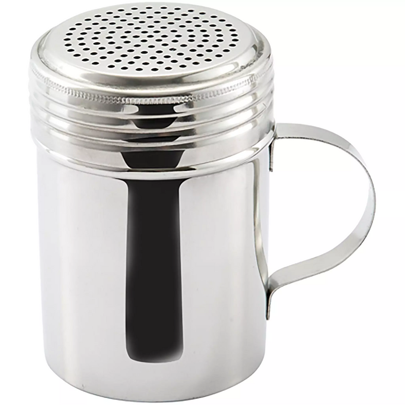 Winco stainless steel dredge with side handle and perforated screw-on lid for dusting flour or sugar