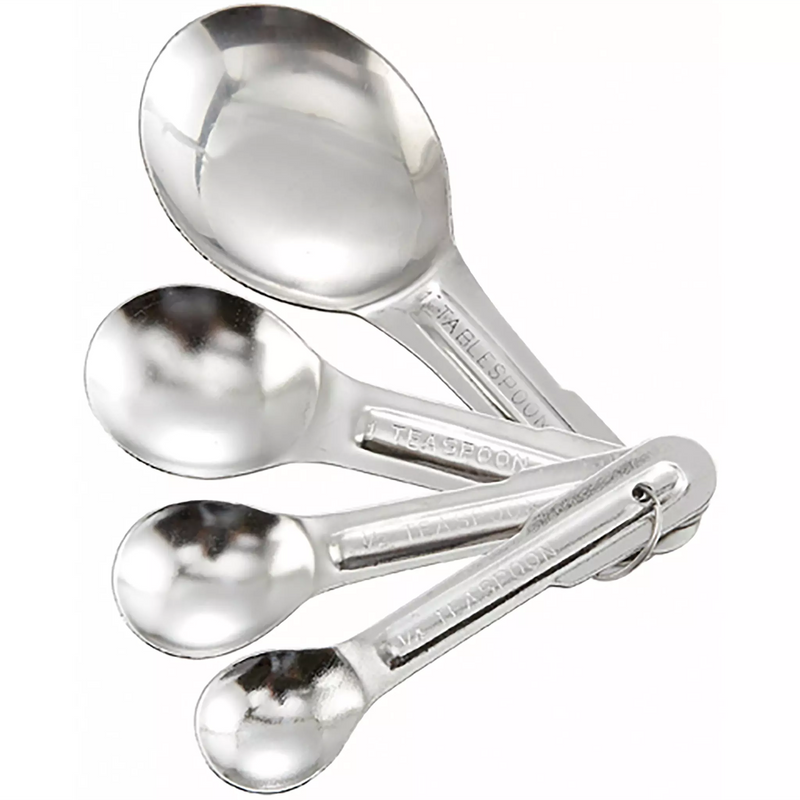 Winco stainless steel economy measuring spoon set of 4 with oval bowls, fanned out on a ring