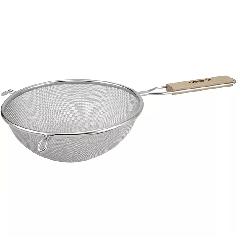 Winco stainless steel fine mesh strainer with wooden handle and bowl hook, first size option