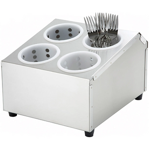 Winco stainless steel flatware cylinder holder with four perforated grey cylinders, one holding forks