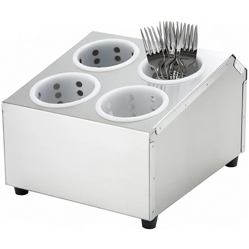 Winco stainless steel flatware cylinder holder with four perforated grey cylinders, one holding forks