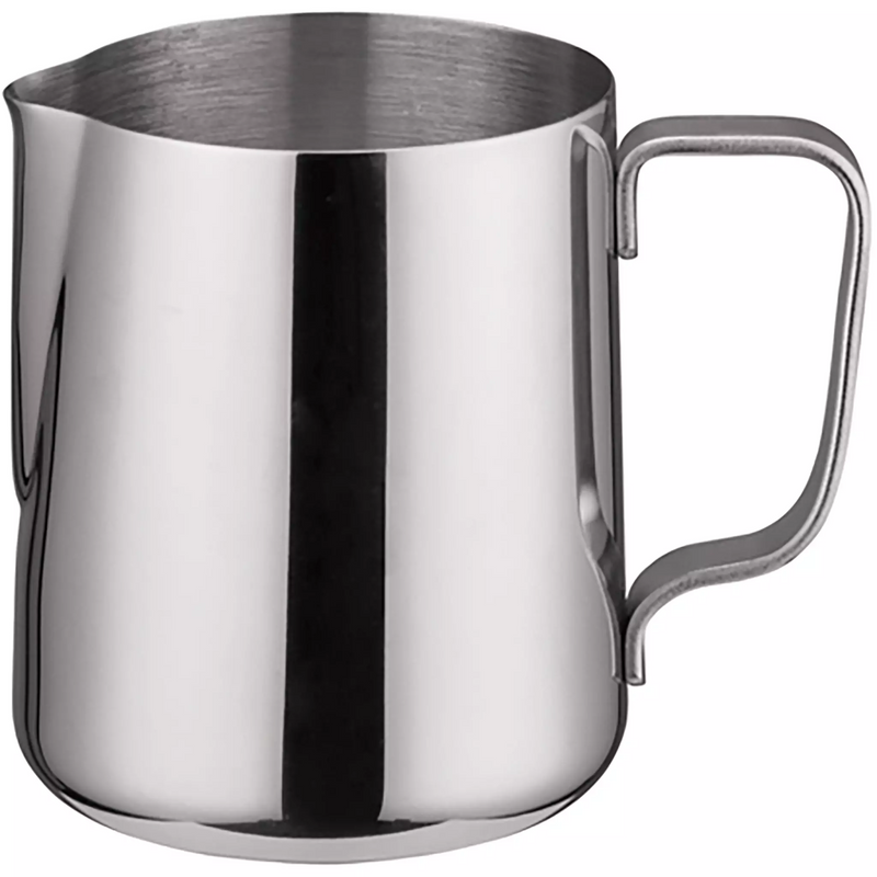 Winco stainless steel frothing pitcher with pointed pour spout and open handle, polished finish, side view