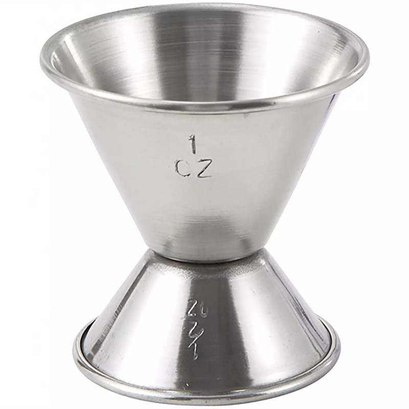 Winco stainless steel double jigger, 1 oz and 1/2 oz size with engraved measure markings, front view
