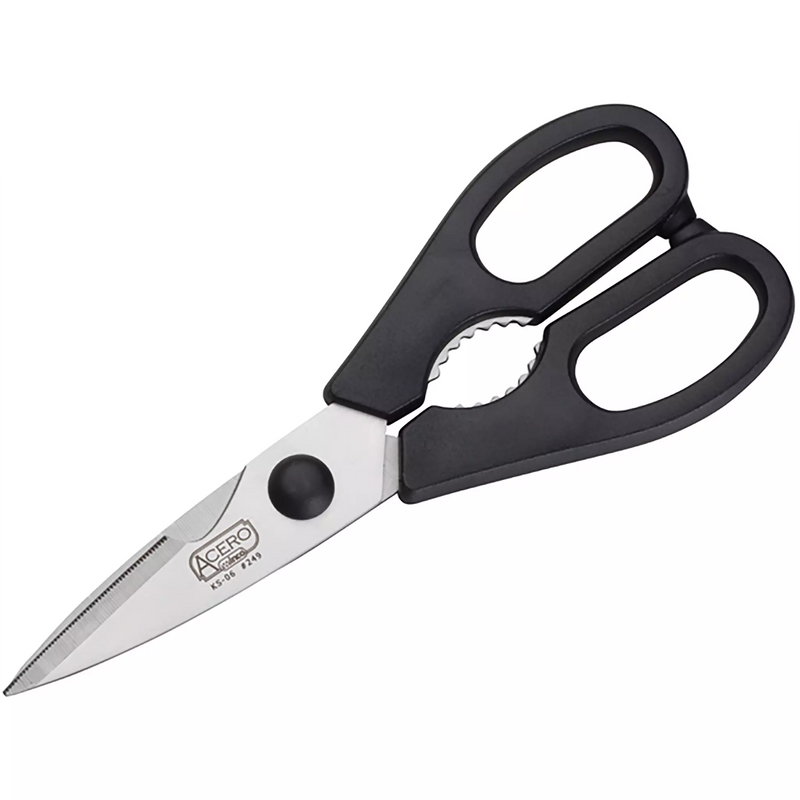 Winco stainless steel kitchen shears with detachable blades and black handles, closed view
