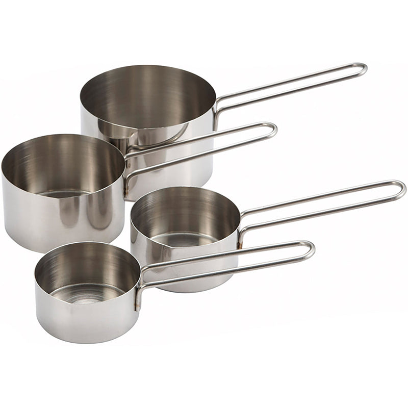 Winco stainless steel measuring cup set with wire handles, set of 4 nested graduated sizes, side view