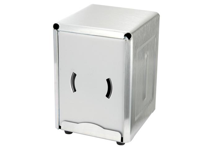 Winco stainless steel napkin dispenser, wide low-profile size with napkin cut-outs, front angle