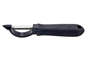 Winco straight peeler with soft grip handle, swivel stainless steel blade and black non-slip handle, first style