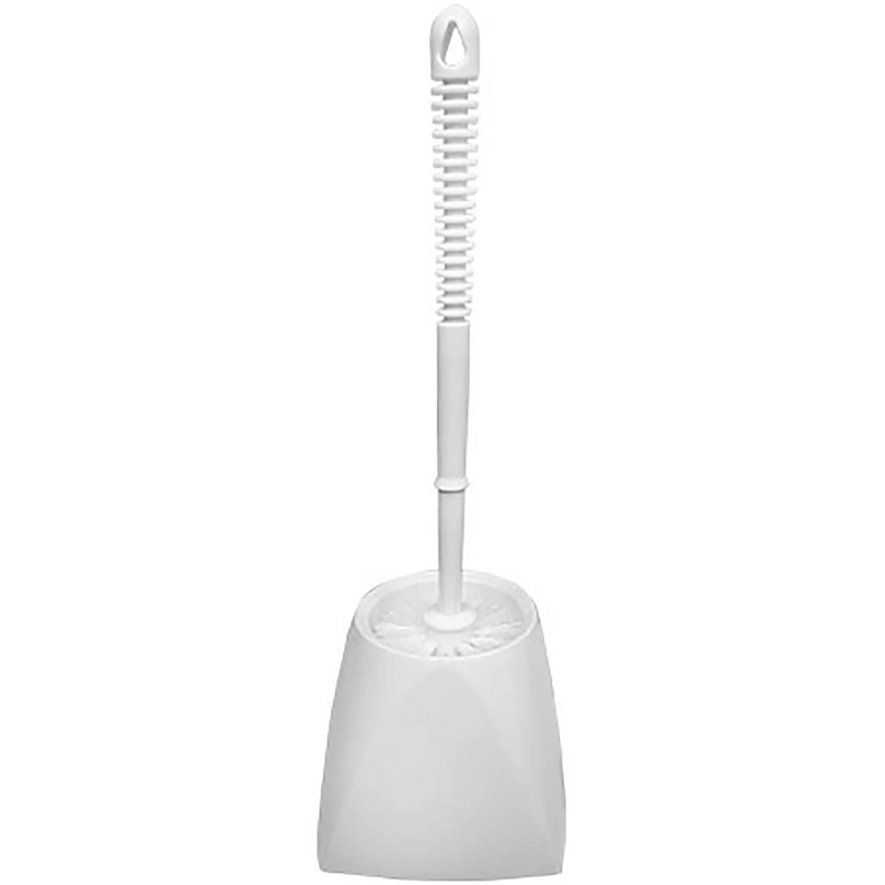 Winco toilet bowl brush and holder, white plastic brush with twisted handle standing in its white caddy