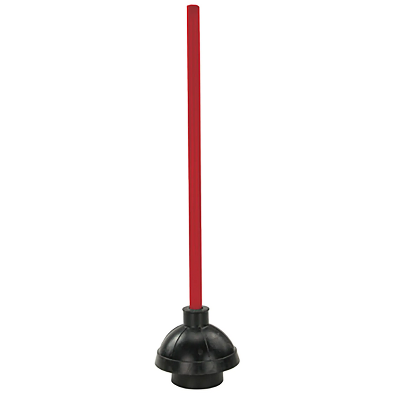 Winco toilet plunger with long red wooden handle and black rubber flange cup, upright front view