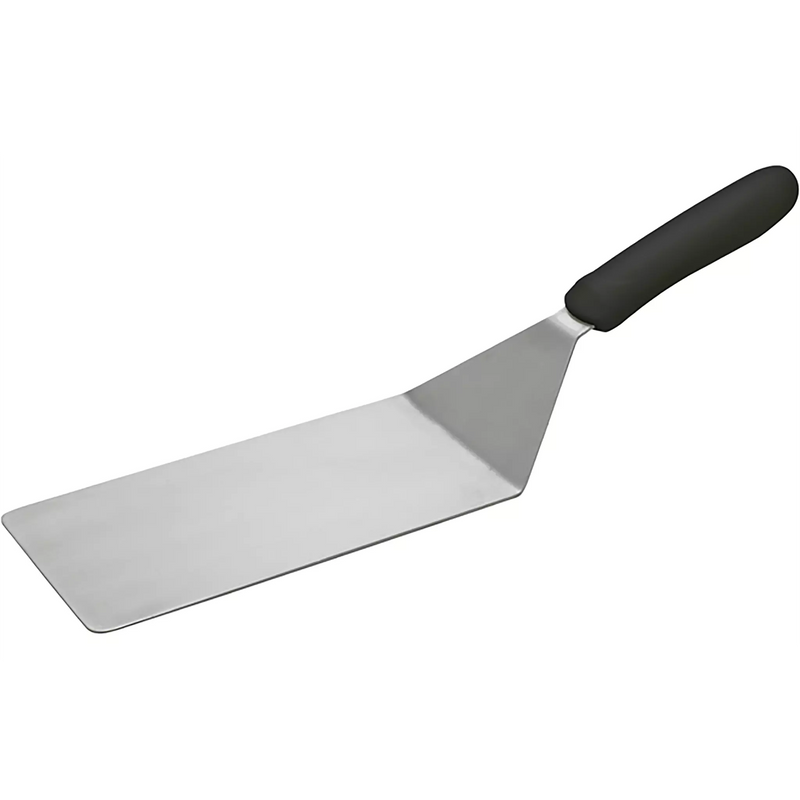Winco stainless steel turner with offset, long rectangular blade and black handle, angled view of the full turner