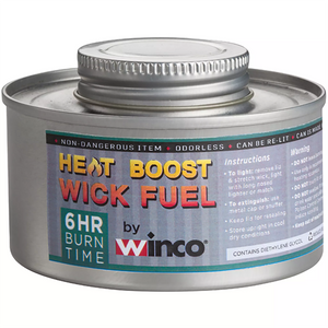 Winco twist cap chafing fuel, silver metal can with twist-off cap and blue label showing 6 hour wick fuel burn time