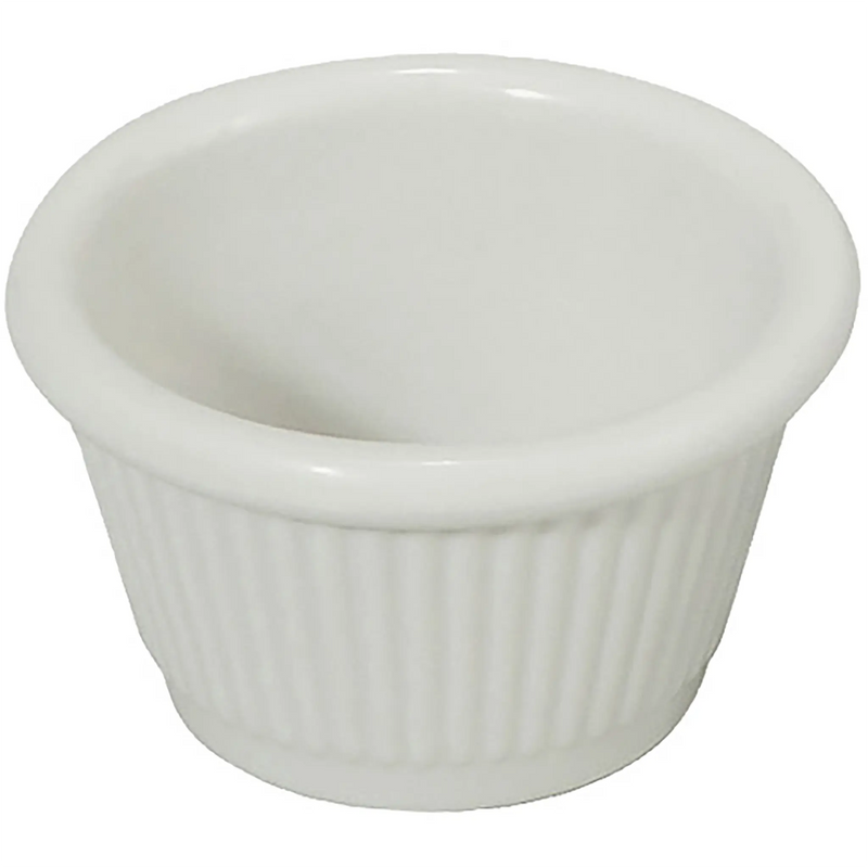 Winco white fluted ramekin from a pack of 12, round dish with ribbed outer sides, first size option