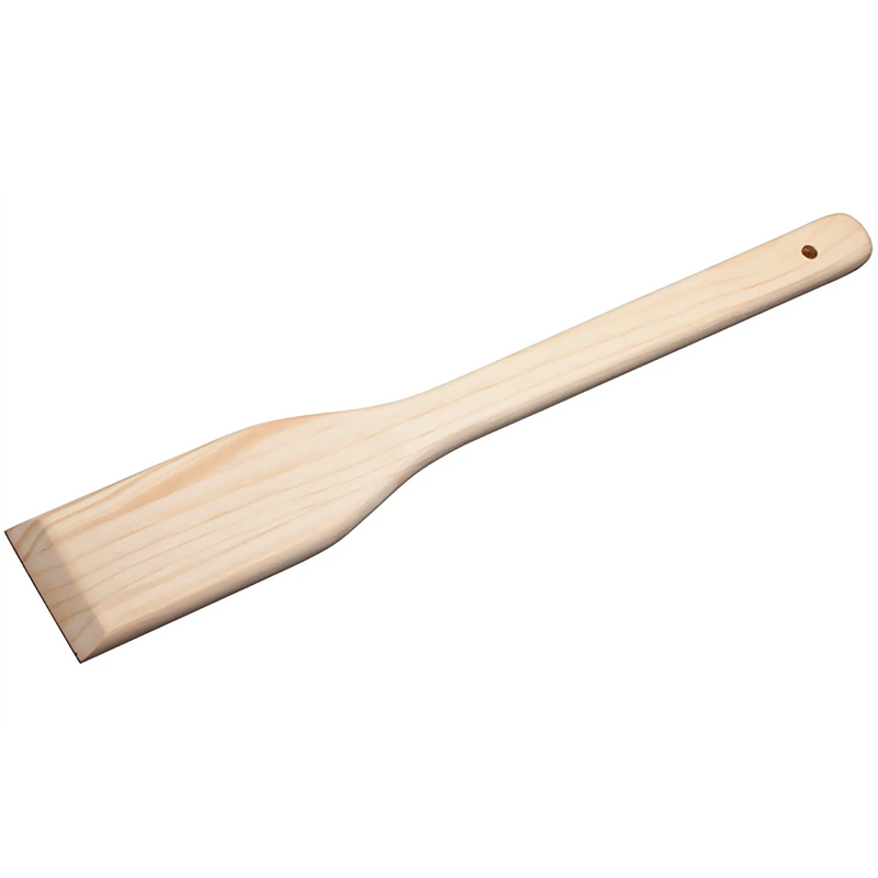 Winco wooden stirring paddle, second size option with a broad flat blade and long hardwood handle, close angle