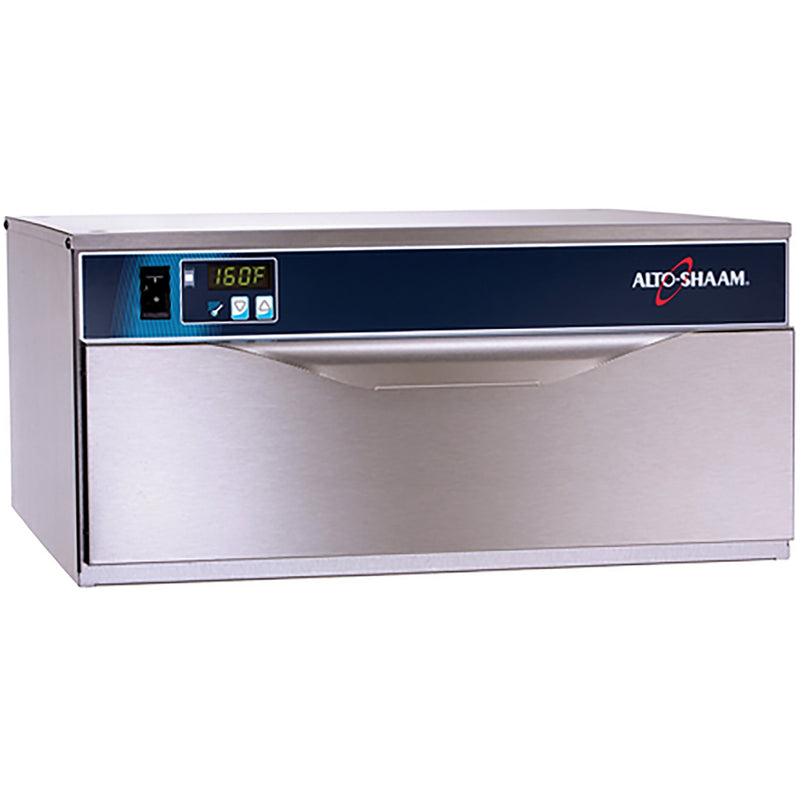 Alto-Shaam 500-1D single warming drawer in stainless steel with digital control panel and drawer handle, angled view