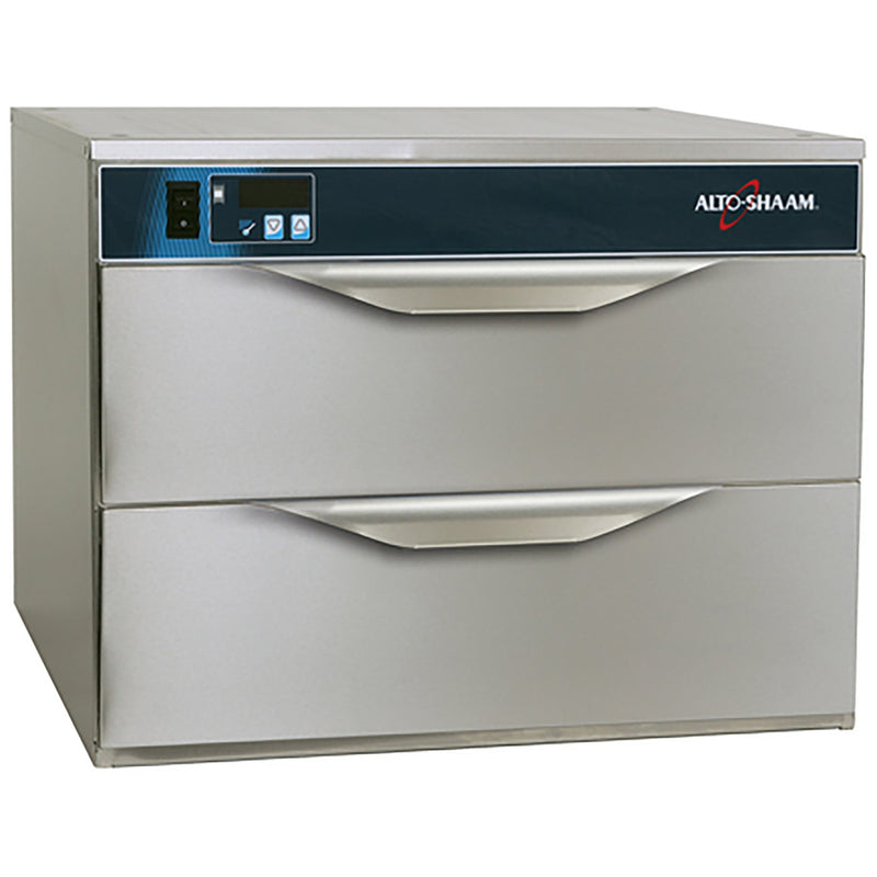 Alto-Shaam 500-2D double warming drawer in stainless steel with two drawers and digital control panel, angled view