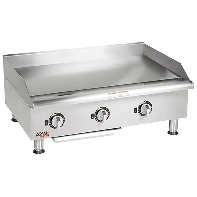 APW Wyott EG-36S heavy duty electric 36-inch griddle in stainless steel with three control knobs and grease trough, front