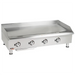 APW Wyott EG-48S heavy duty electric 48-inch griddle in stainless steel with four control knobs and splash guard, angled