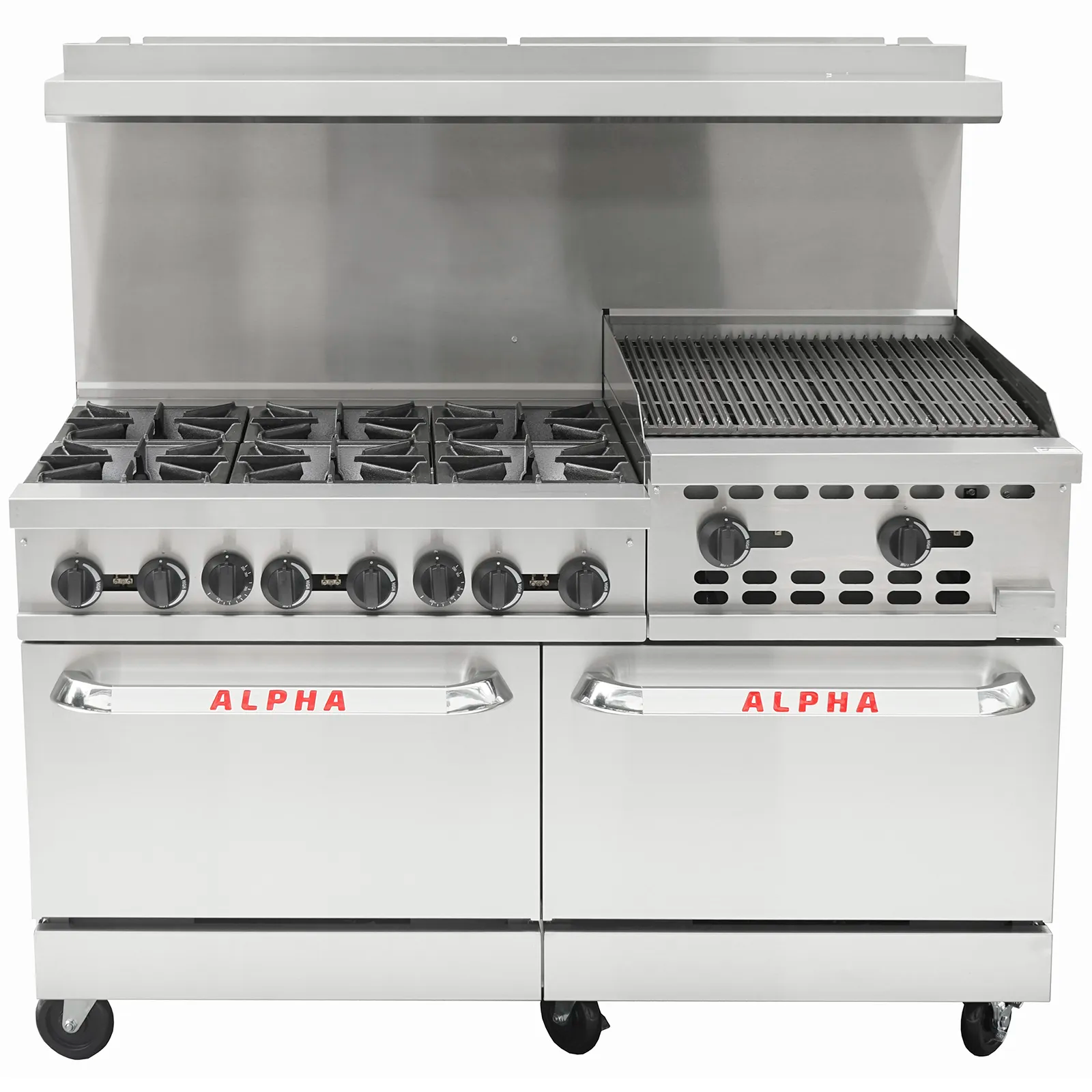 Alpha AR60-6B24CB Natural Gas/Propane 60" Stove Top Cooking Range - 6 Burners & 24" Charbroiler