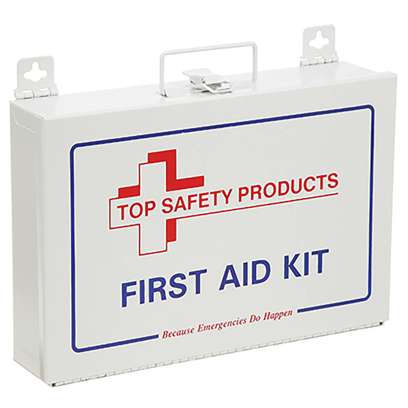 All Points 2801471 first aid kit in a white metal wall-mount case with red cross label and carry handle, front view