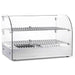 Alpha ACDW-22-2 curved glass display 22-inch food warmer with two stainless steel wire shelves, angled view