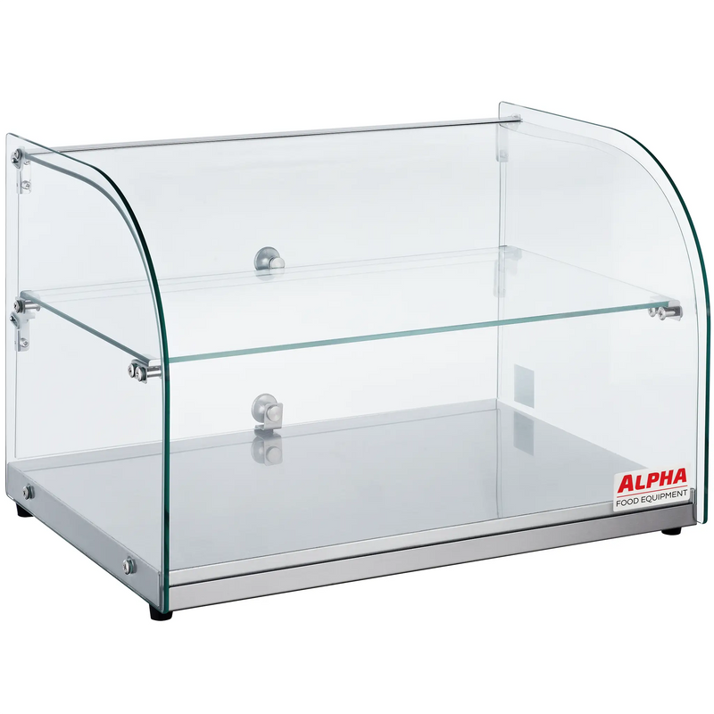 Alpha AD-22-2 double tier 22-inch curved glass display case with glass middle shelf and silver base, angled view