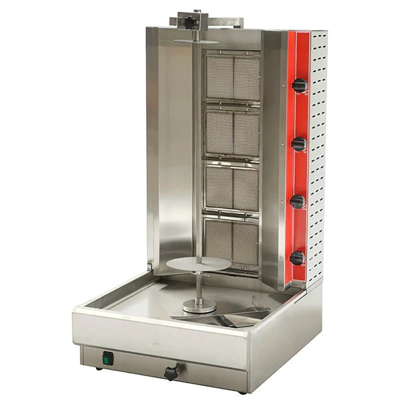 Alpha ADB-4 natural gas or propane shawarma and doner broiler with vertical spit, red burner panel and drip tray