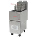 Alpha natural gas or propane split vat floor fryer in stainless steel with two fry baskets and casters, angled view