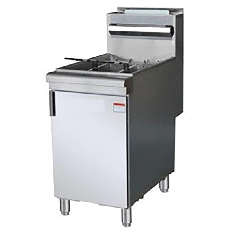 Alpha AF-85 85 lb natural gas floor fryer in stainless steel with full-height cabinet door and legs, angled view